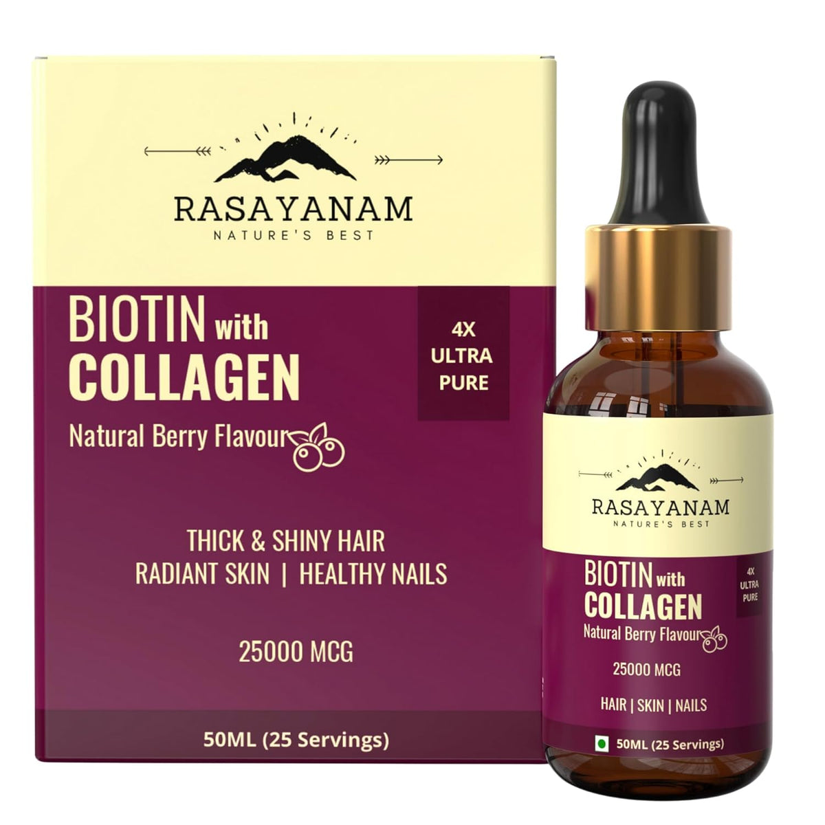 Rasayanam Liquid Biotin & Collagen - Natural Berry Flavour, 25000mcg, 50ML
