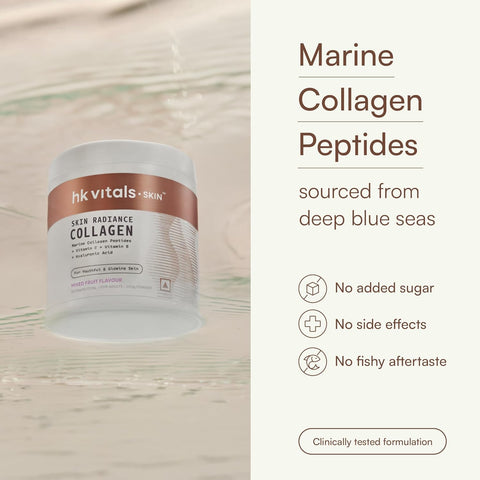 مكمل الكولاجين البحري من إتش كيه فيتالز لإشراقة البشرة (فاكهة مشكلة، ٢٠٠ غرام) | مع فيتاميني سي، هـ، وهيالورونات الصوديوم | لبشرة وشعر وأظافر صحية