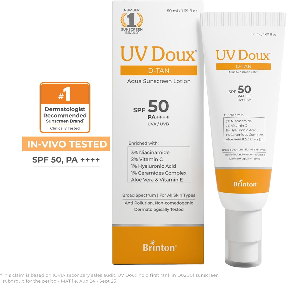 Brinton UV Doux D-Tan Aqua Sunscreen Lotion with Niacinamide & Vitamin C - 50ml - Image 2
