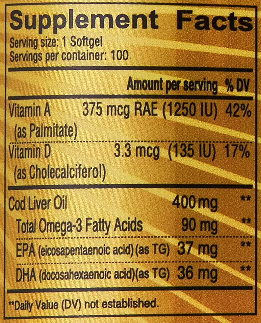 Sunshine Nutrition Cod Liver Oil Softgels - 100 Softgels - Image 3