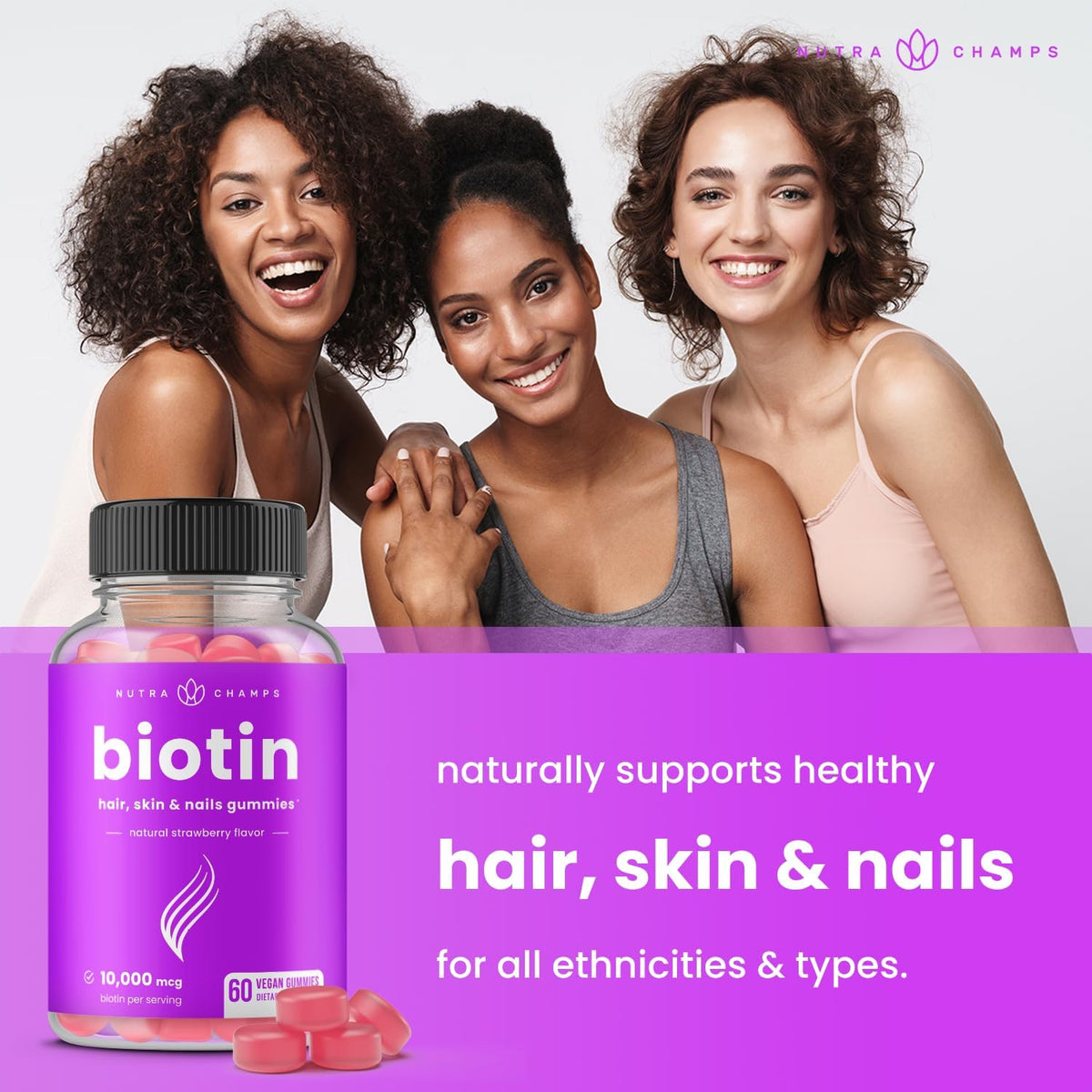 NutraChamps Biotin Gummies - Natural Strawberry - 60 Vegan Gummies - Image 4