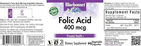 Bluebonnet Folic Acid 400 mcg Prenatal Health Dietary Supplement 90 Capsules