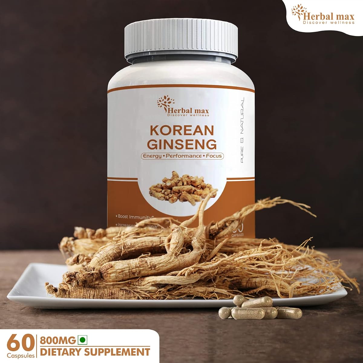 Herbal Max Korean Ginseng Supplement - 800mg - 60 Veg Capsules - Image 2