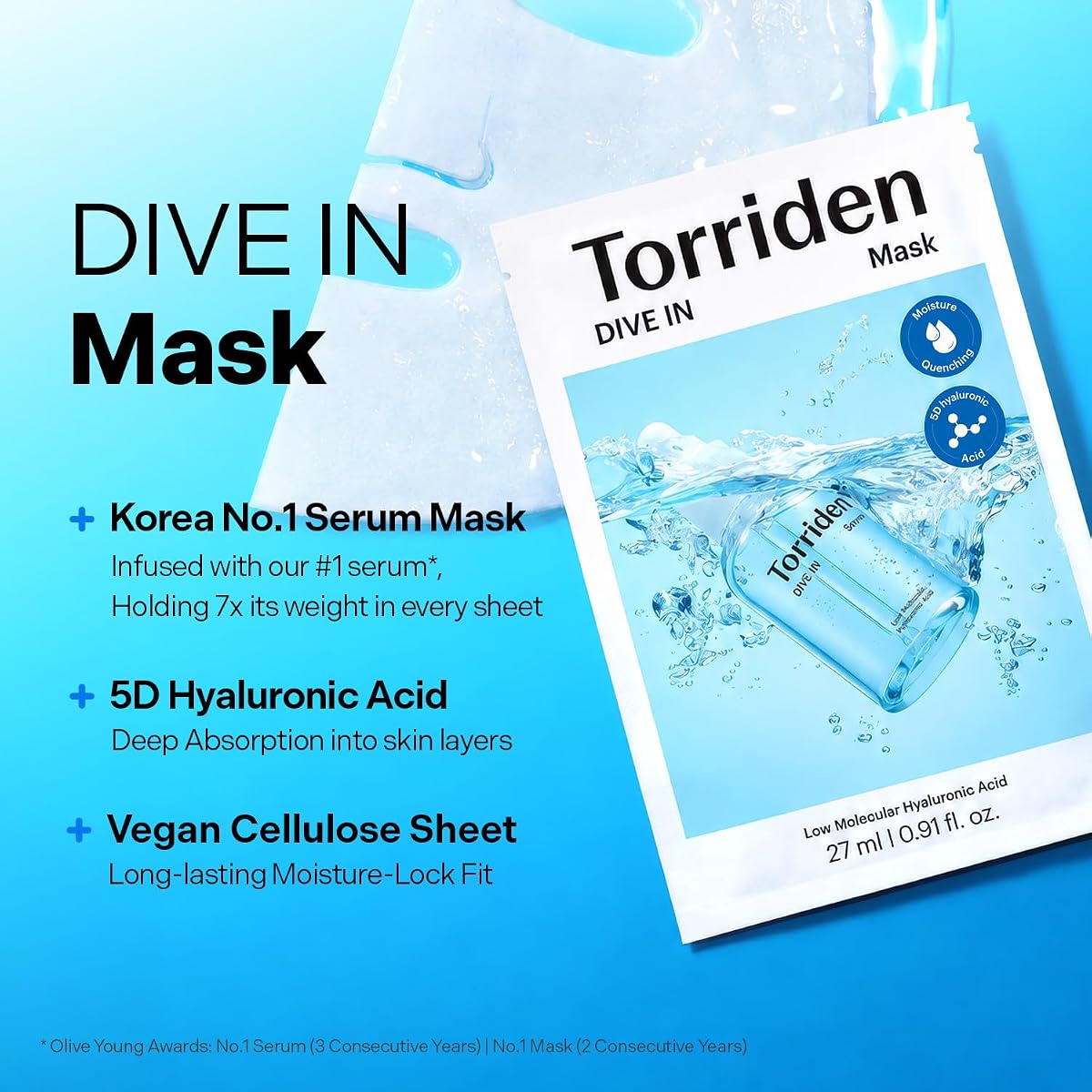 Torriden Dive In Sheet Mask with Low Molecular Hyaluronic Acid - 27ml x 10 Pack - Image 2