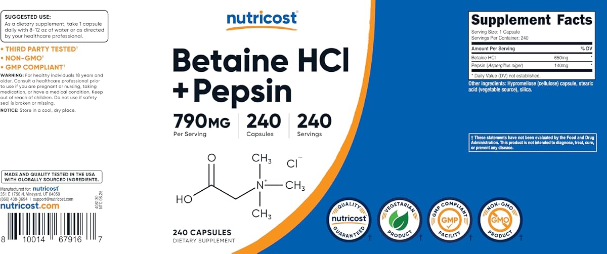 Nutricost Betaine HCl + Pepsin Capsules, 790mg - 240 Count - Image 8