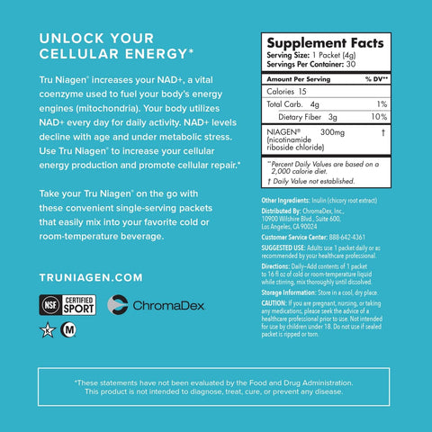 TRU NIAGEN NAD+ Booster with Hydration & Prebiotic Support Award-Winning Nicotinamide Riboside Mixing Powder for Cellular Energy, Repair & Healthy Aging - 30ct/300mg Stick Packs: On-The-Go Supplement