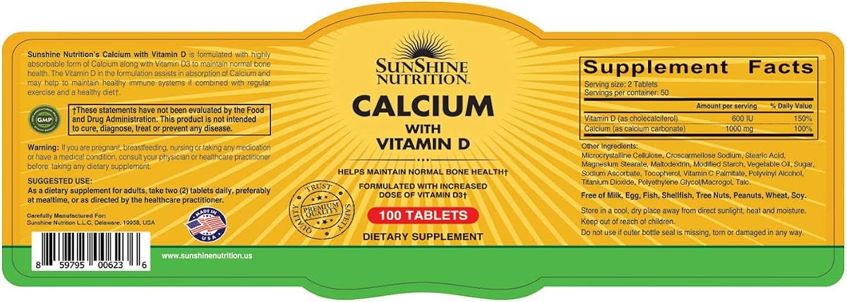 Sunshine Nutrition Calcium with Vitamin D3 - Gluten-Free Tablets, 100 Count - Image 2
