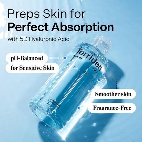 Torriden Dive in Toner 300ml (10.14 fl. oz.) | pH Balancing Facial Toning Water for Dry Skin | Hyaluronic Acid, Panthenol, Allantoin