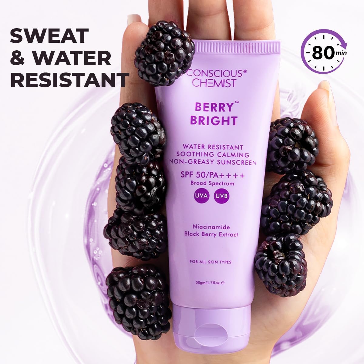 Conscious Chemist Sunscreen SPF 50 PA++++ - Berry Bright, 50g - Image 5