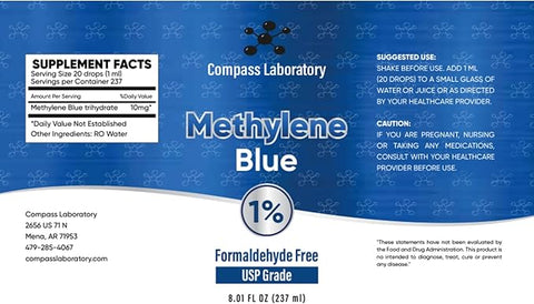 COMPASS LABORATORY Methylene Blue 1% USP-Grade Methylthioninium Chloride Liquid | High Purity Dietary Supplement for Brain Function & Cognitive Health | No Formaldehyde 237ml Glass Bottle