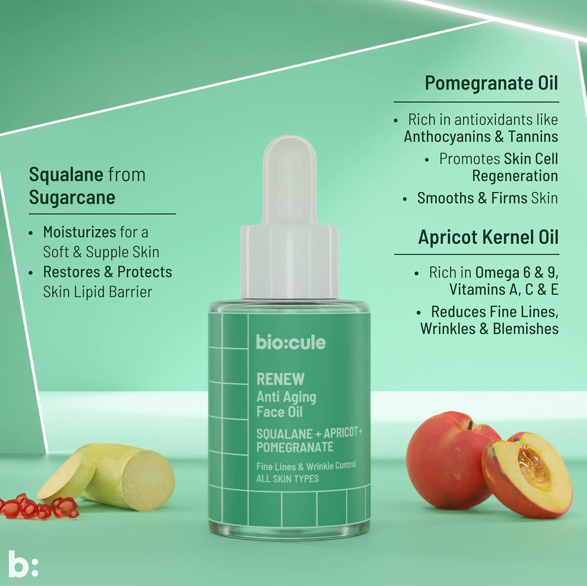 Biocule Renew Anti-Aging Face Oil with Squalane, Apricot & Pomegranate - 15ml - Image 4