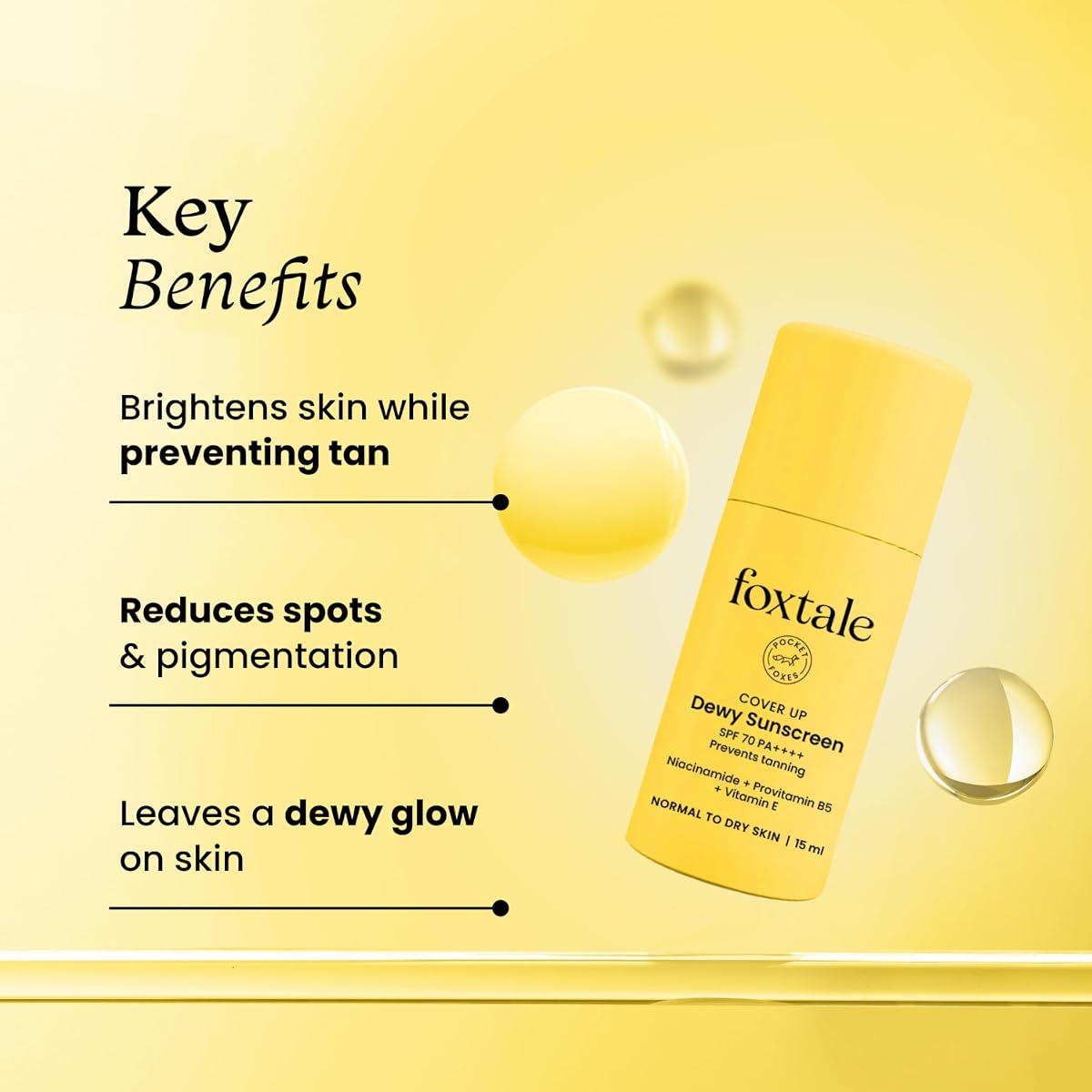 Foxtale Dewy Sunscreen SPF 70 PA++++ - Niacinamide, 15ml - Image 2