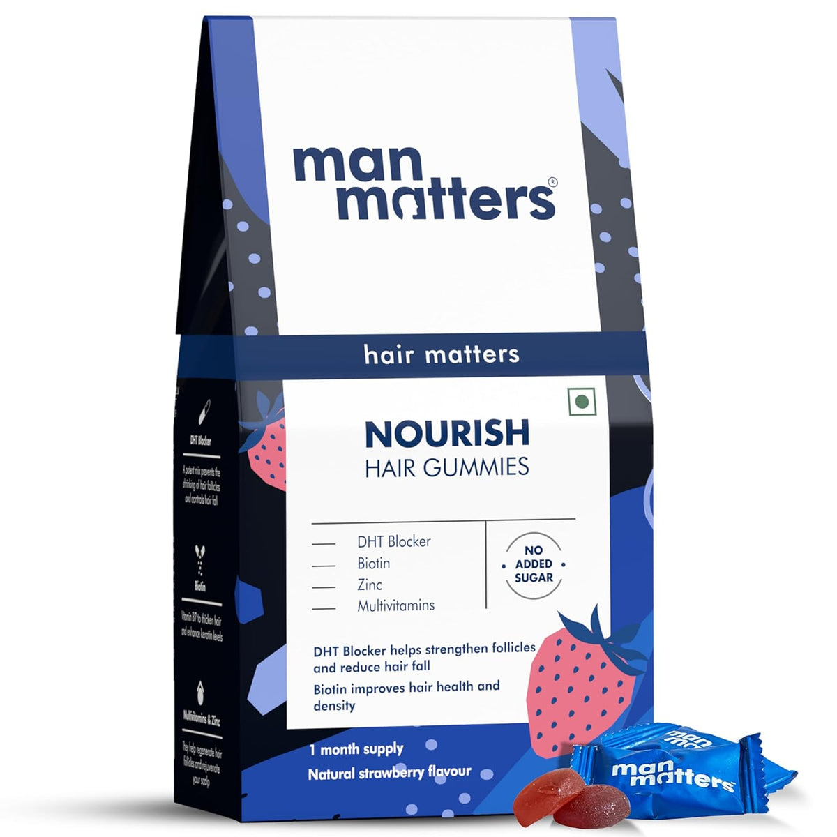 Man Matters Biotin Hair Gummies - Strawberry Flavour, 100% Vegan, No Added Sugar, 30 Count
