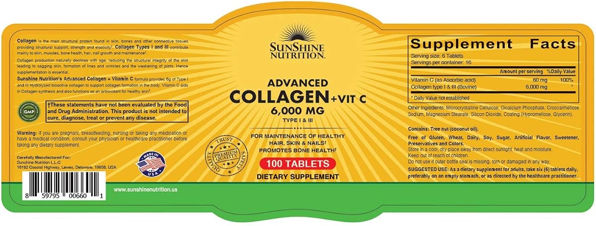 Sunshine Nutrition Advanced Collagen + Vitamin C - Tablets - 100 Count - Image 2