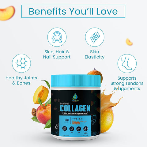 Vedapure Marine Collagen Skin Radiance Supplemen,Peachy Mango, 210g Hydrolyzed Collagen Powder with Amino Acids, Biotion, Vitamin C & E for Healthy Skin, Joints, Hairs & Nails