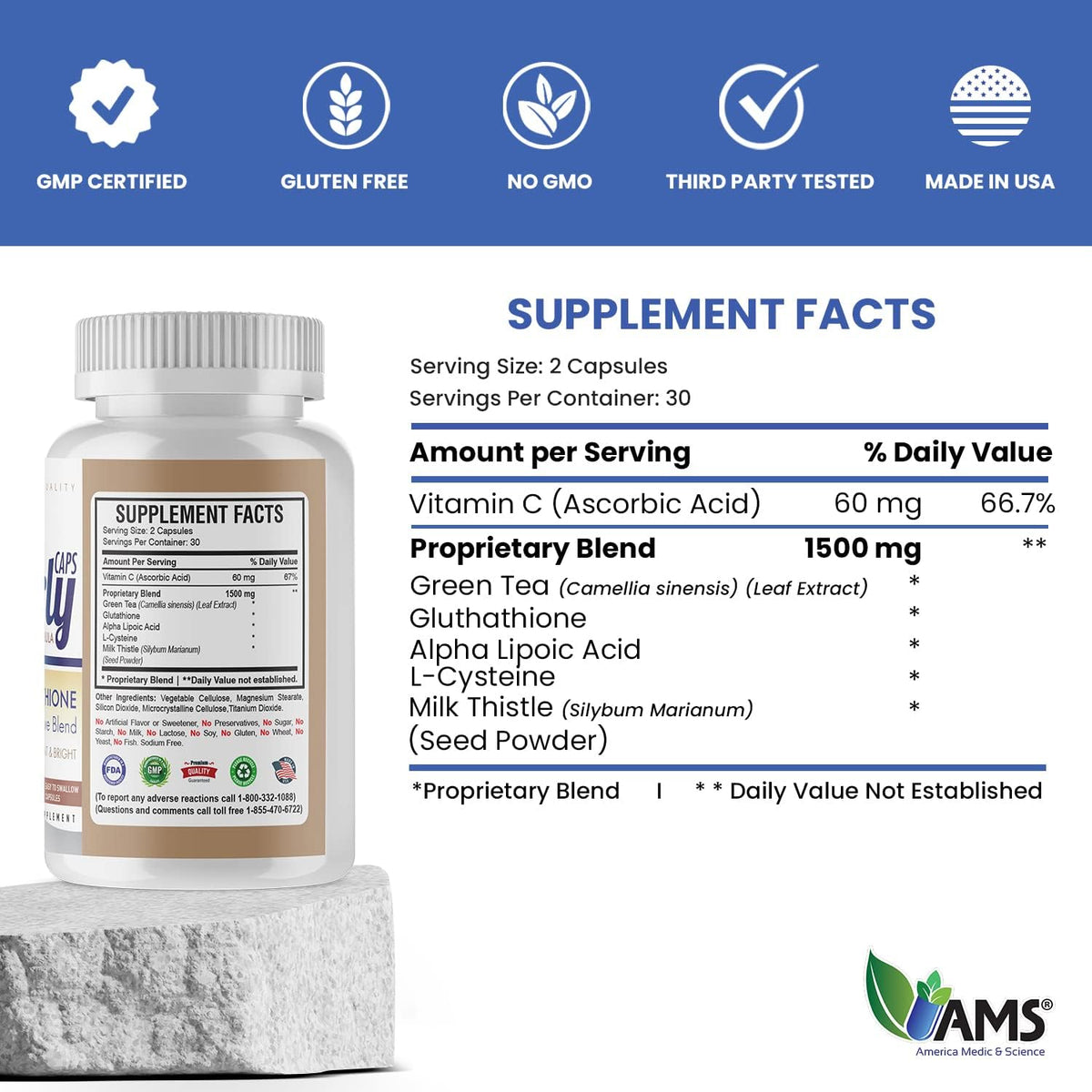 America Medic & Science Beauty Supplements - Glutathione 1500mg Capsules, 60 Pack - Image 2