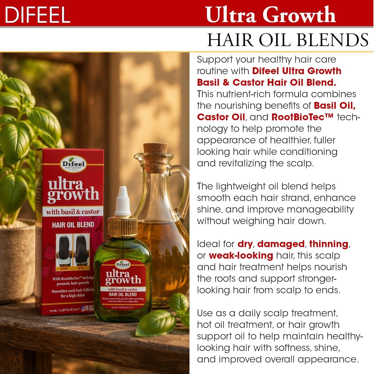 Difeel Ultra Hair Growth Oil - Basil & Castor Oil - 74ml - Image 4
