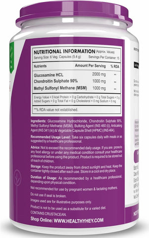 Healthyhey Double Strength Glucosamine Chondroitin And Msm For Cartilage; Joint And Bone (2000 Mg) Capsules 90 Count