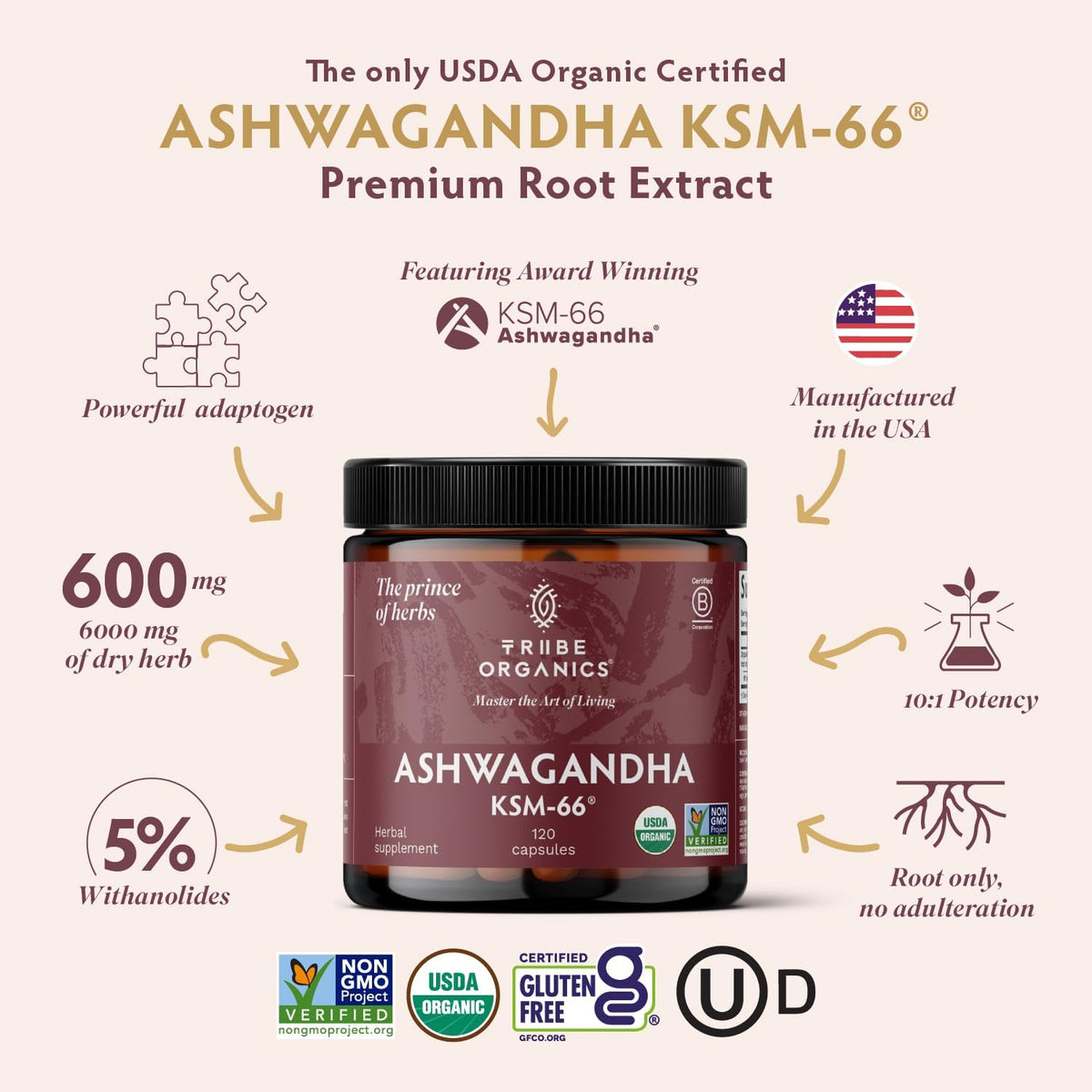 Tribe Organics Ashwagandha KSM 66 Pure Organic Root Powder 90 Capsules - Image 2