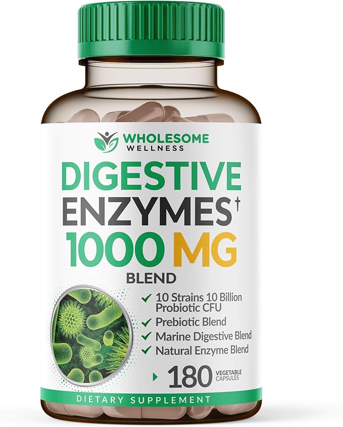 Wholesome Digestive Enzymes 1000MG with Probiotics & Prebiotics, 180 Capsules