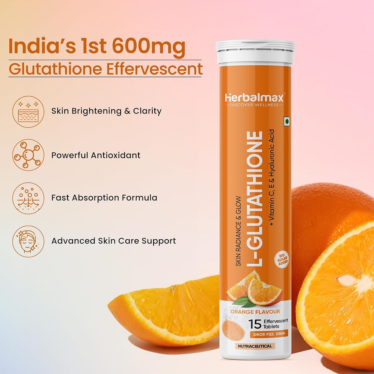 Herbal Max Beauty Effervescent Tablets - Glutathione with Vitamin C, Hyaluronic Acid & Biotin, 15 Count, Orange Flavour - Image 2