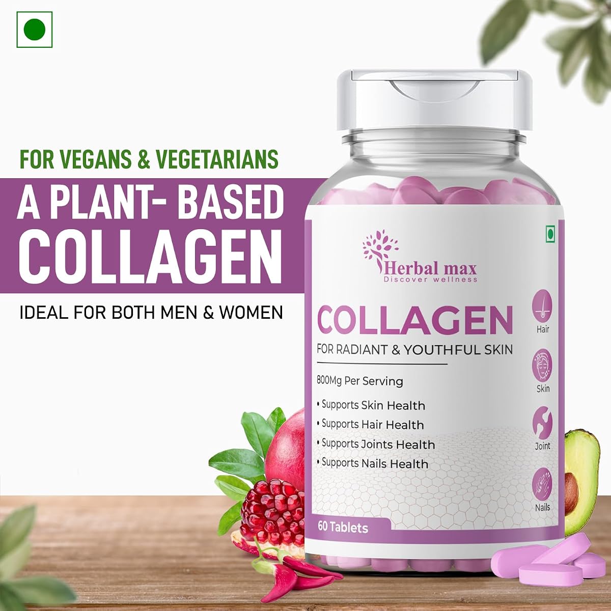 Herbal Max Collagen 800mg Tablets - Beauty and Joint Health Supplement, 60 Count - Image 3