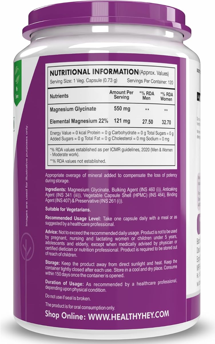 HealthyHey Nutrition Magnesium Glycinate - High Absorption, 550mg - 120 Capsules - Image 8
