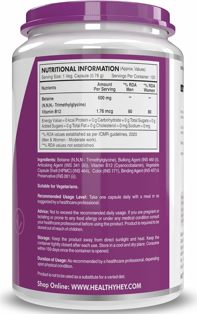 HealthyHey Betaine Trimethylglycine (TMG) - 120 Vegetable Capsules - Image 2