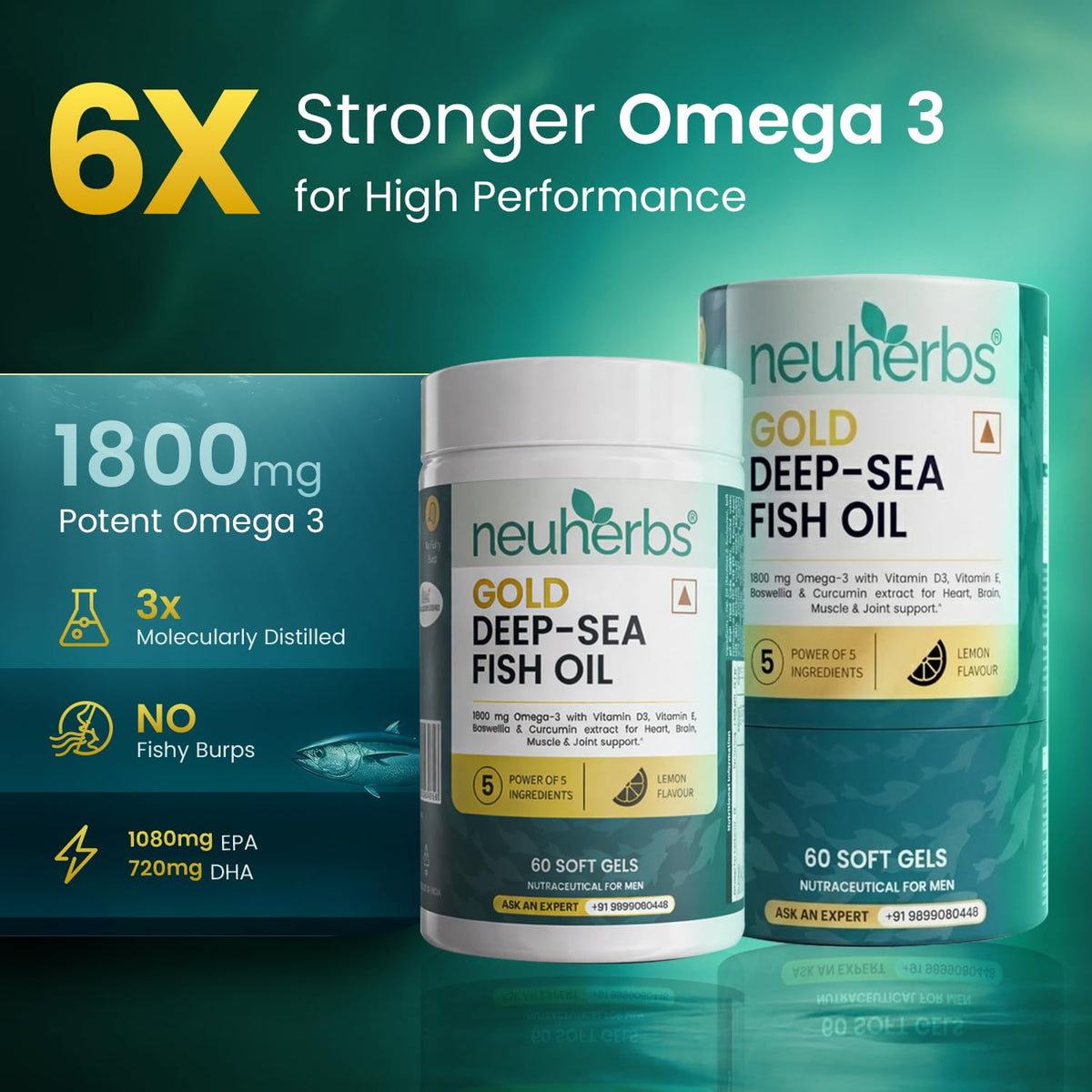 Neuherbs Gold Deep Sea 6X Omega 3 Fish Oil Capsules - 60 Softgels