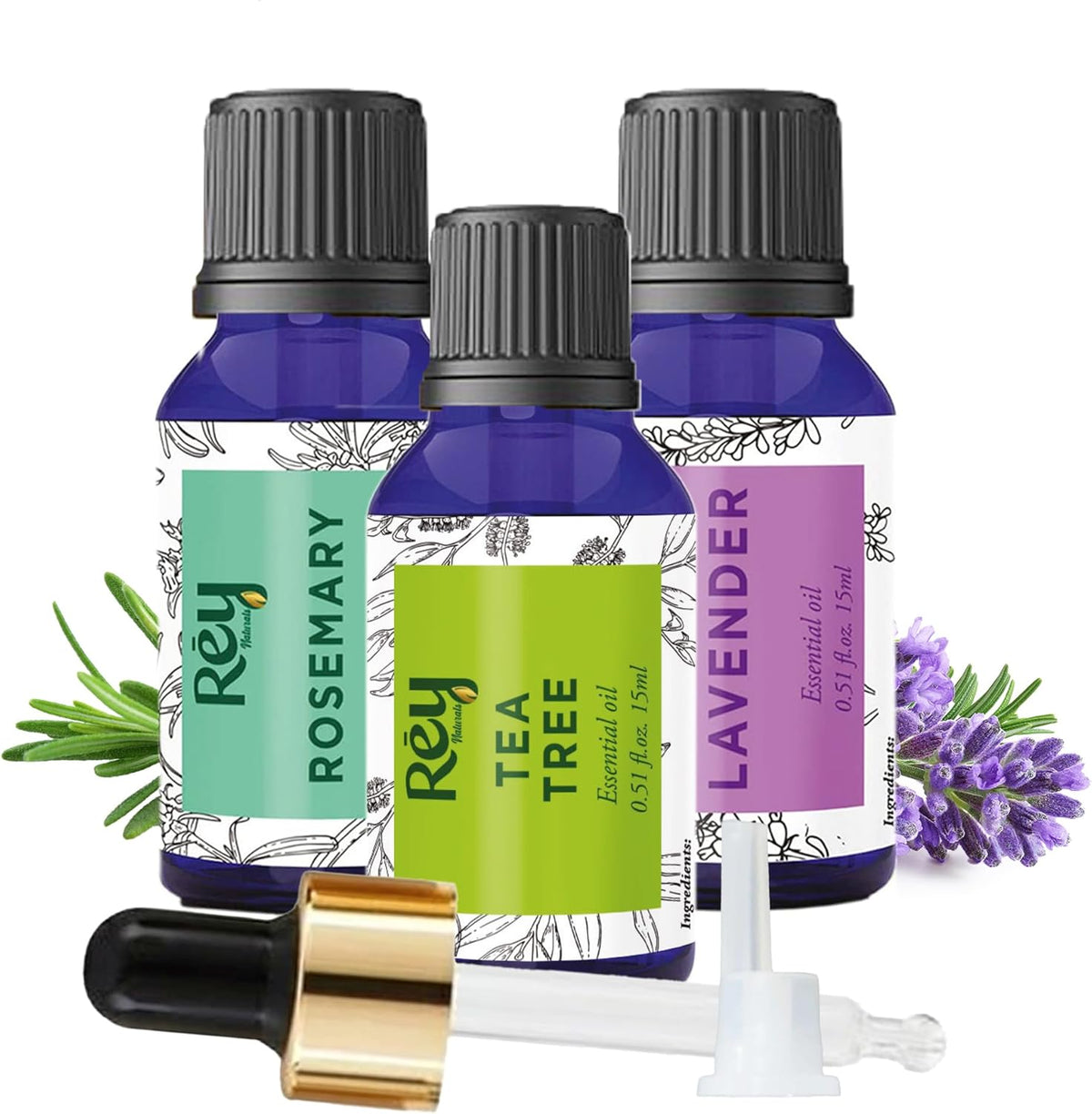 ReyNaturals Lavender, Tea Tree, and Rosemary Essential Oils Combo - 15ml Each