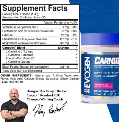 Evogen Carnigen Watermelon - Sports Nutrition Powder, 50 Servings - Image 2