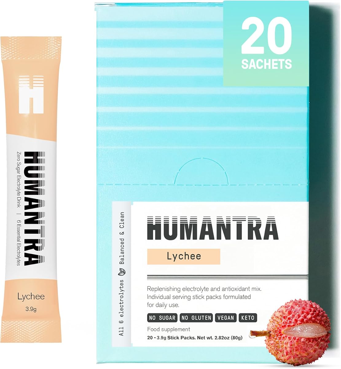 Humantra Electrolyte Powder - Lychee Flavour, No Sugar, 20 Sachets