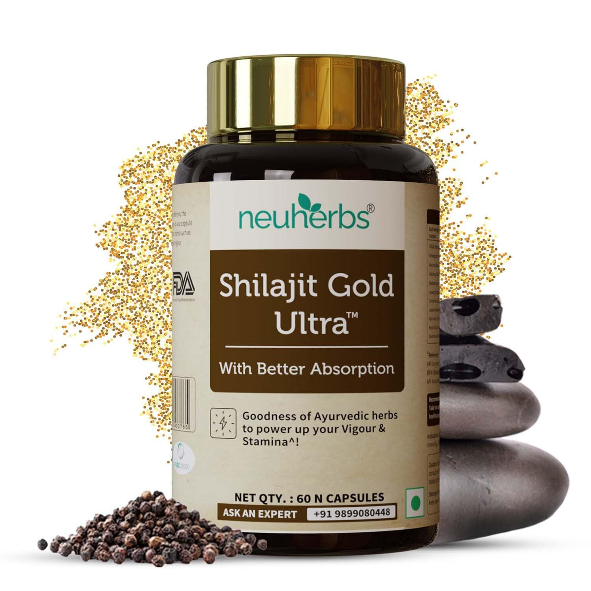 Neuherbs Shilajit Gold Ultra Capsules - Ayurvedic Supplement with 60 Capsules