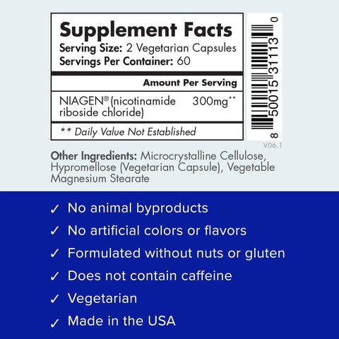 TRU NIAGEN - Patented Nicotinamide Riboside Nad+ Supplement. Nr Supports Cellular Energy Metabolism & Repair, Vitality, Healthy Aging Of Heart, Brain & Muscle - 60 Servings / 120 Capsules - Pack Of 1