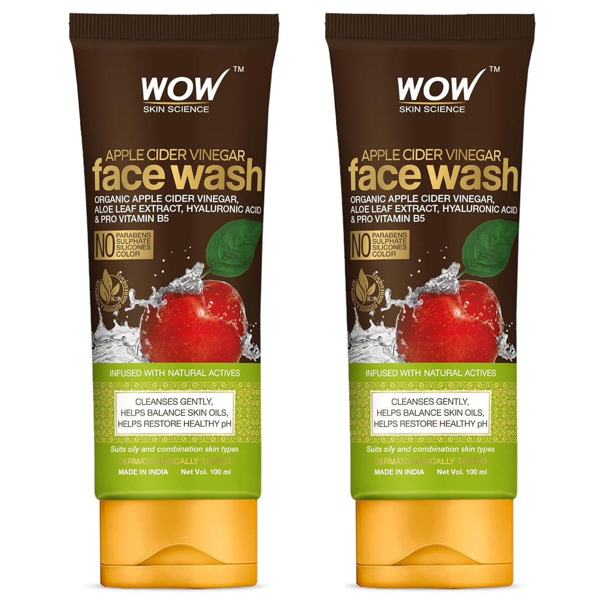 Wow Skin Science Apple Cider Vinegar Face Wash No Parabens, Sulphate, Silicones & Color  Pack Of 2 Net Vol 200ml