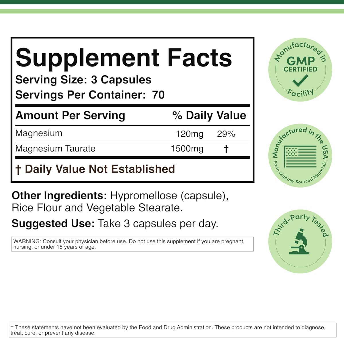 Double Wood Magnesium Taurate Capsules - Vegan, 1500mg, 210 Count - Image 2
