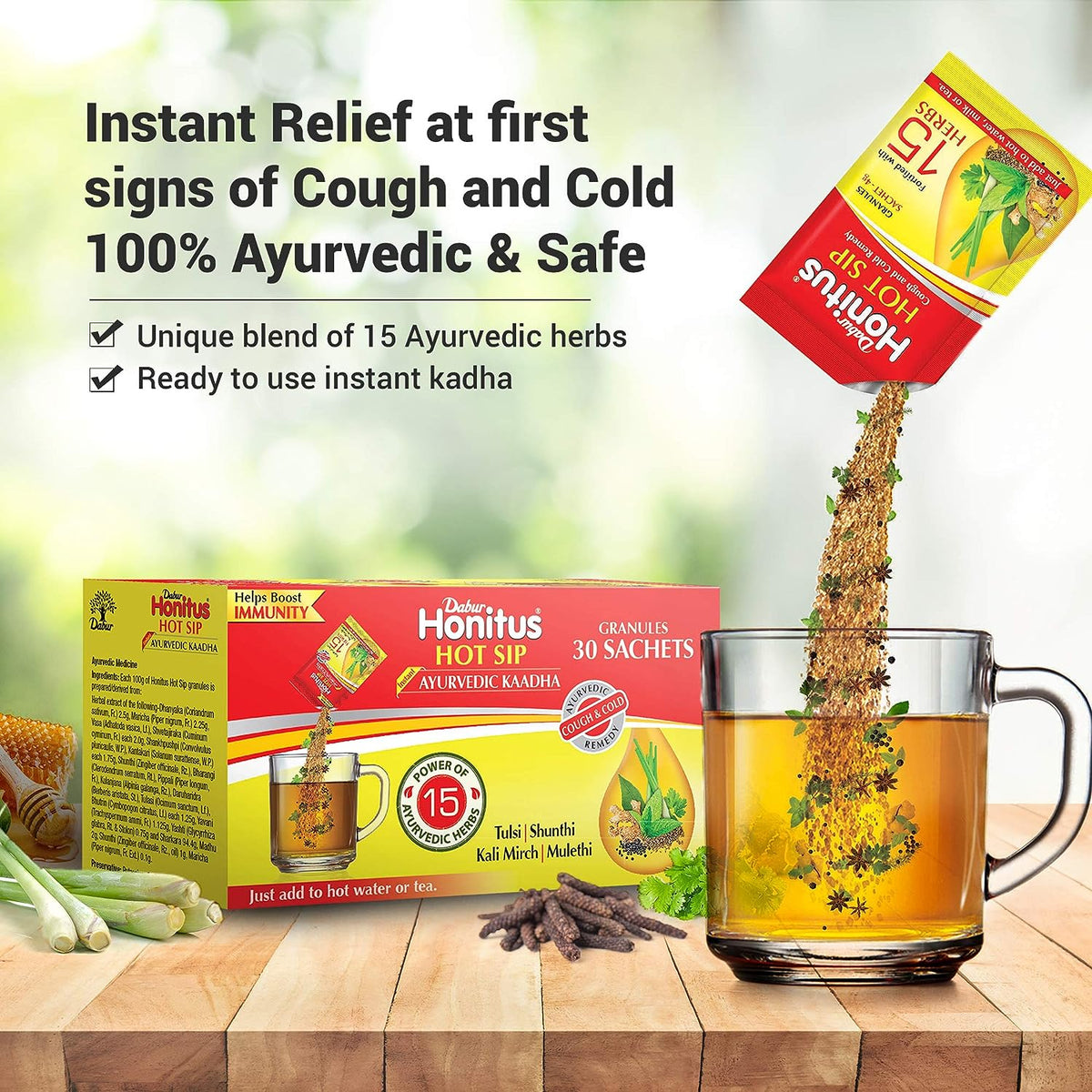 Dabur Honitus Hot Sip Cough and Cold Remedy - 10 Sachets - Image 2