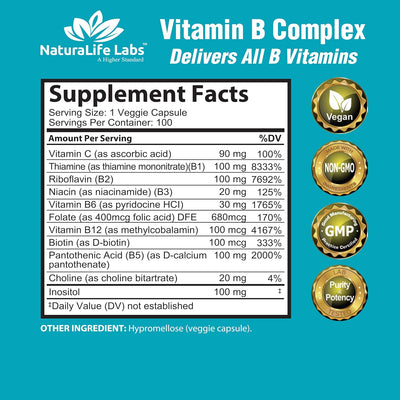 Naturalife Labs Vitamin B-Complex Capsules - 100 Count - Image 2