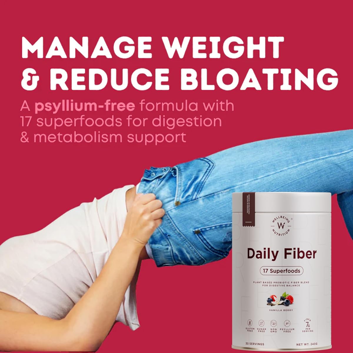 Wellbeing Nutrition Daily Fiber Powder - Organic Prebiotic Vanilla Berry, 240g - Image 2