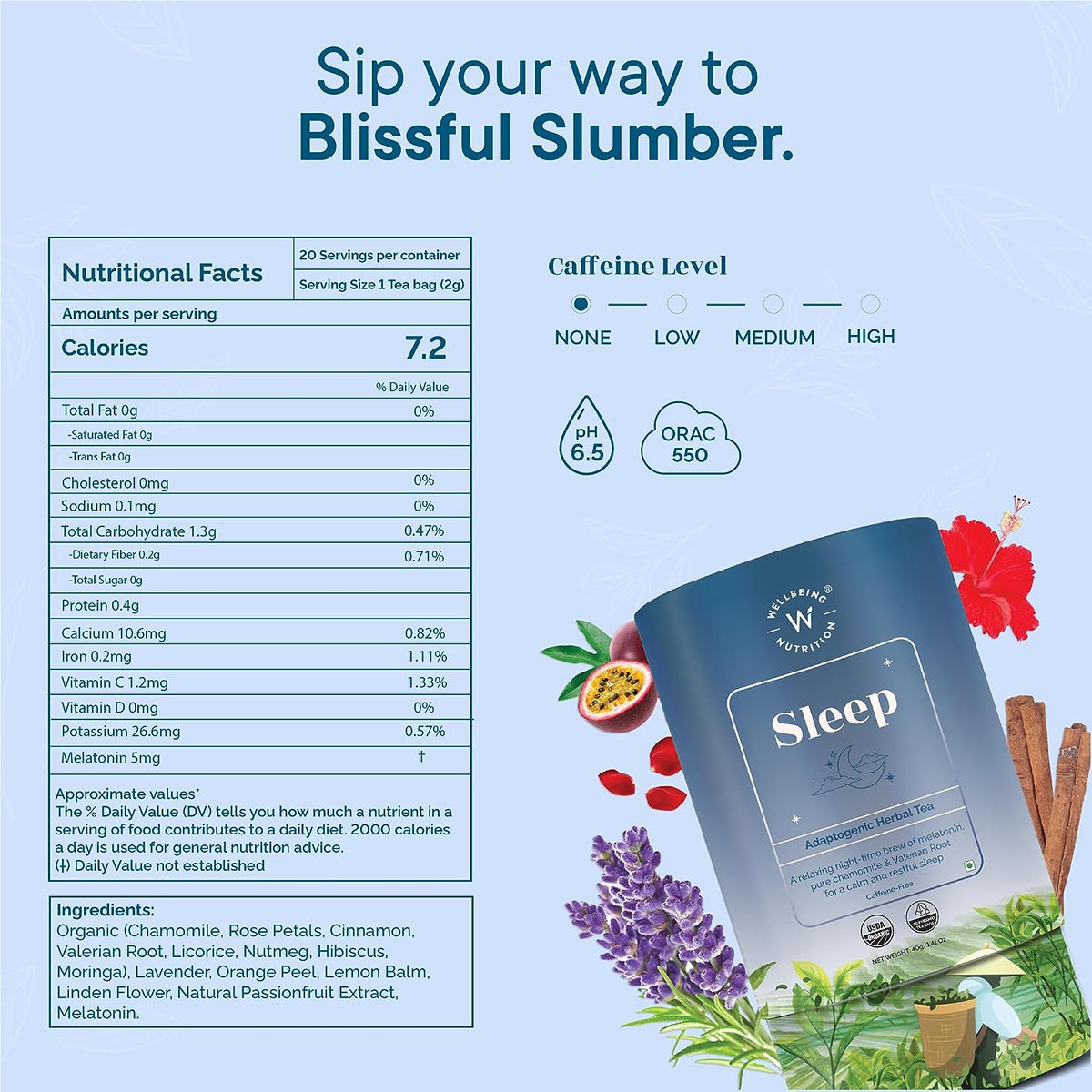Wellbeing Nutrition Sleep Tea - Herbal & Ayurvedic, 20 Pyramid Tea Bags - Image 7