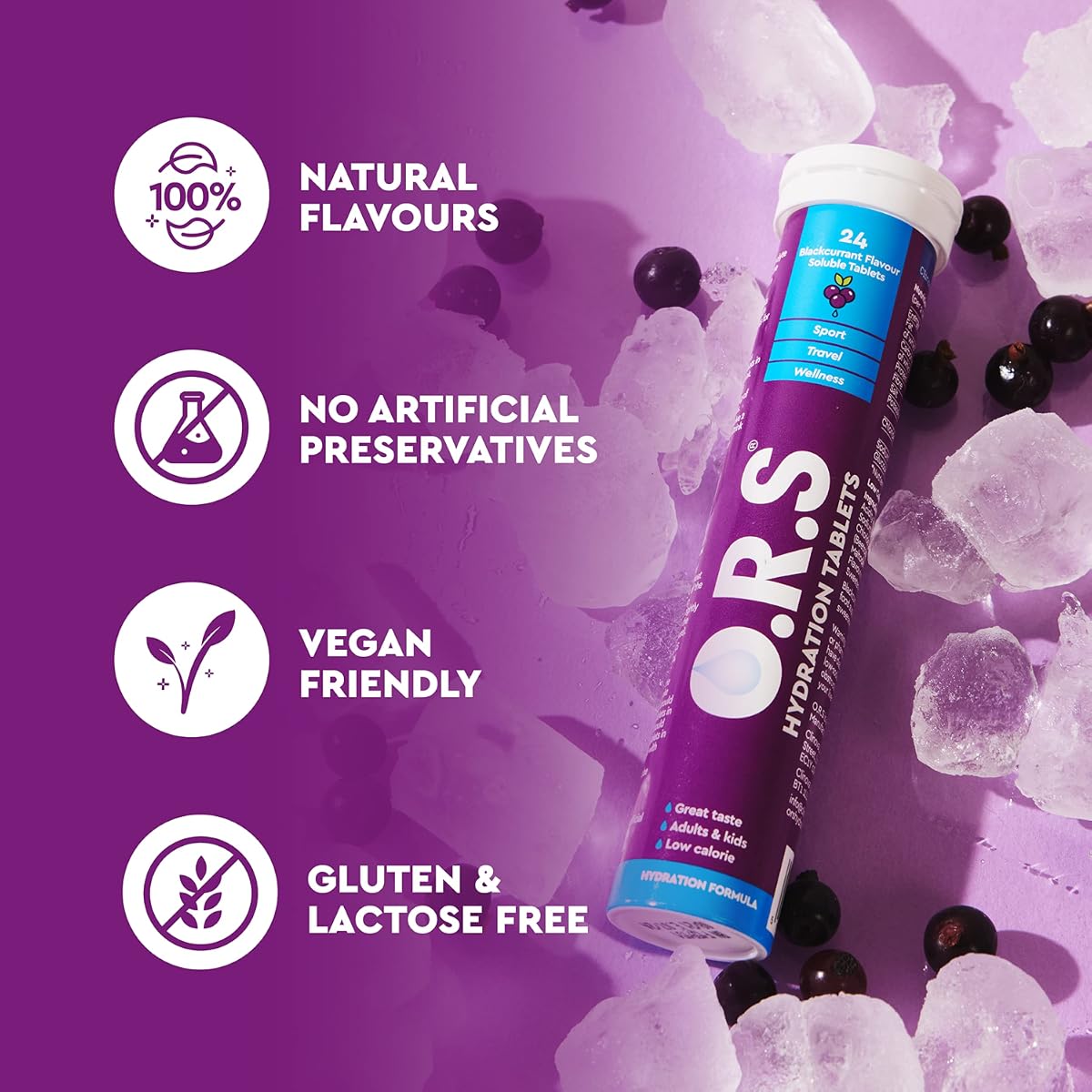 ORS Hydration Electrolyte Tablets - Vegan, Low-Calorie, Blackcurrant - 24 Pack - Image 4