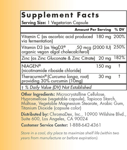 TRU NIAGEN Immune Support Supplement - Daily Defense - Vitamin C from Fermentation, Vegan Vitamin D3 2000 IU, Zinc, Plus Theracurmin (Curcumin) + Multi Award-Winning NAD Boosting Niagen 150mg 30ct