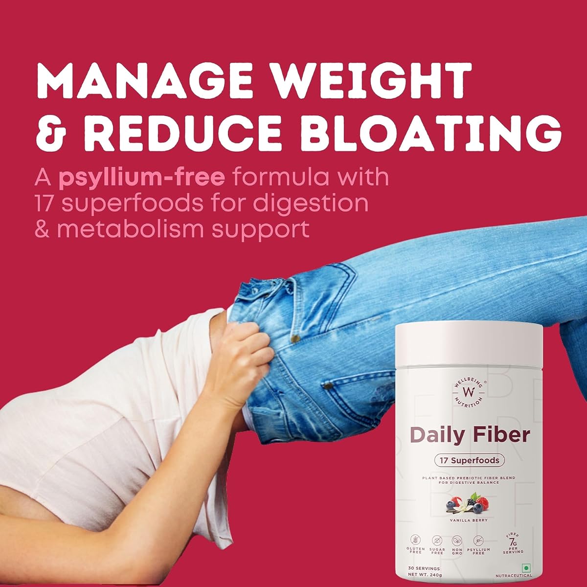 Wellbeing Nutrition Daily Fiber Powder - Organic Prebiotic Fiber - Vanilla Berry & Pina Colada - 7g Per Serving - Image 2