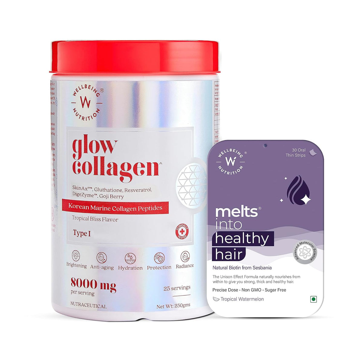 Wellbeing Nutrition Skin & Hair Combo | Japanese Marine Collagen Peptides, SkinAx² for skin & Plant-based Biotin for Hair Nourishment (200 gms Collagen + 30 Oral Strips)