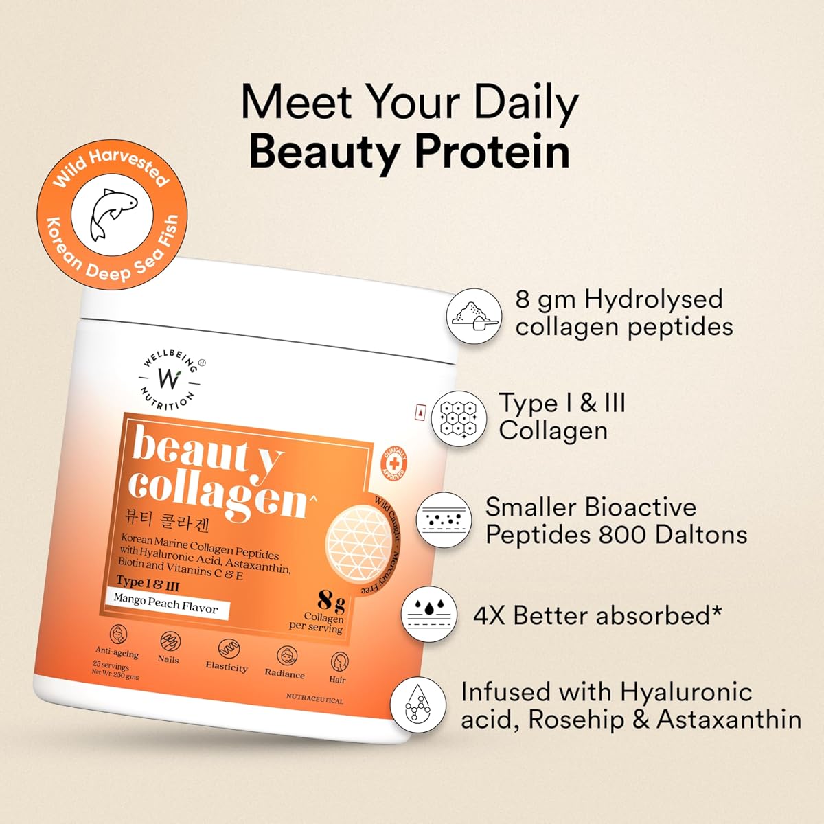 Wellbeing Nutrition Marine Collagen Peptides - Mango Peach, 250g - Image 2