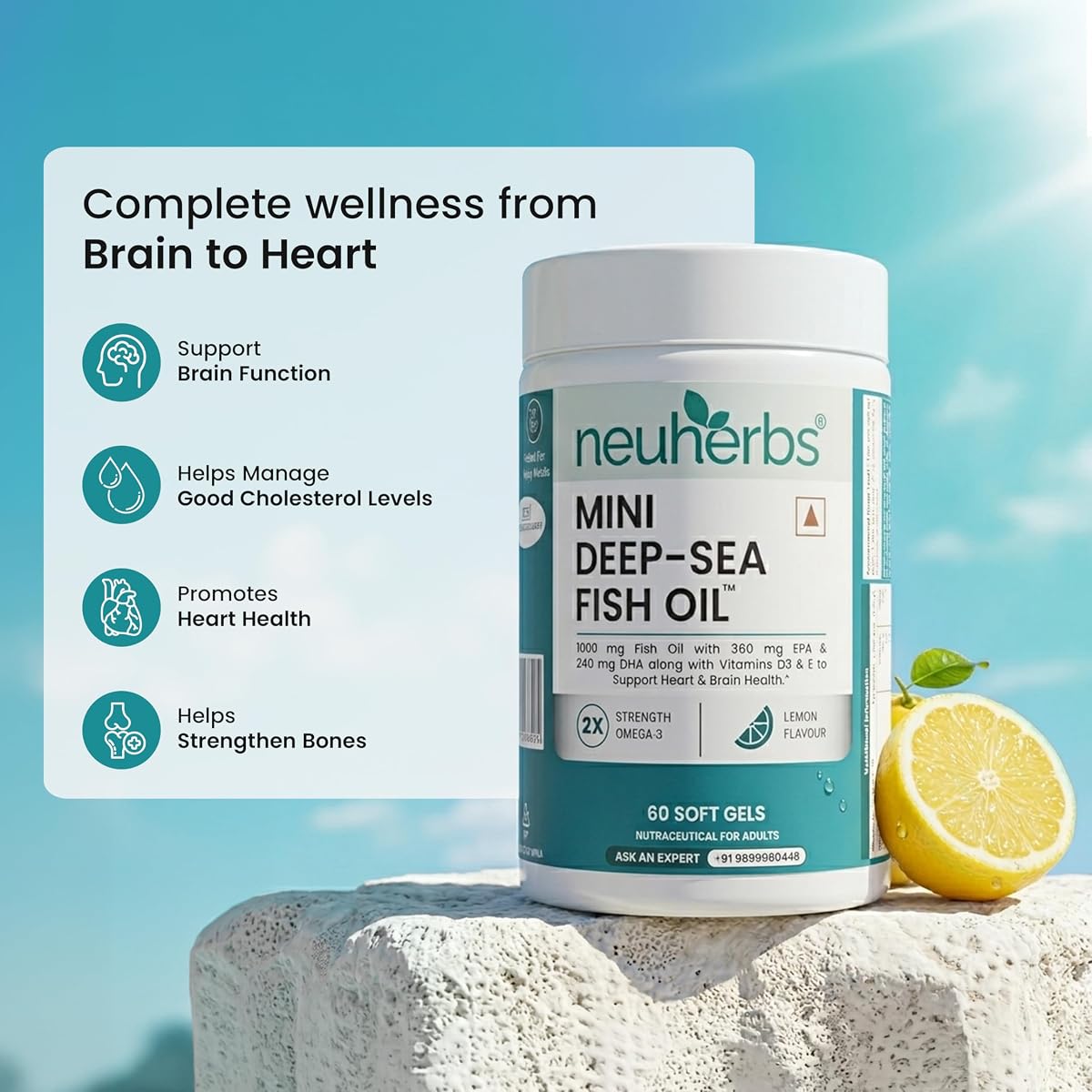 Neuherbs Mini Deep Sea Fish Oil Omega 3 with Lemon Flavour - 1000mg, 60 Softgels - Image 3
