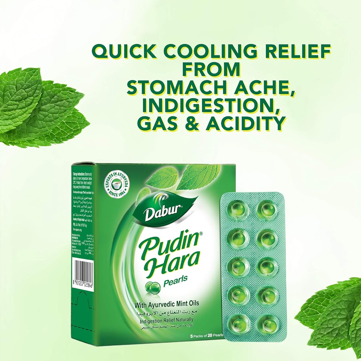 Dabur Pudin Hara Pearls - Ayurvedic Peppermint & Mint Oils - Pack of 5 (100 Capsules) - Image 3