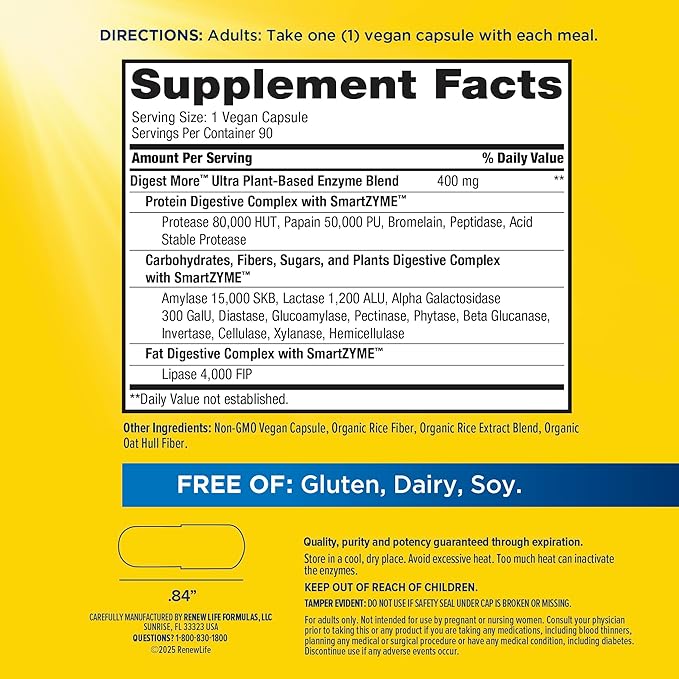 RenewLife Adult Digestmore Ultra Enzyme Supplement - Vegetarian Capsules, 90 Count - Image 2