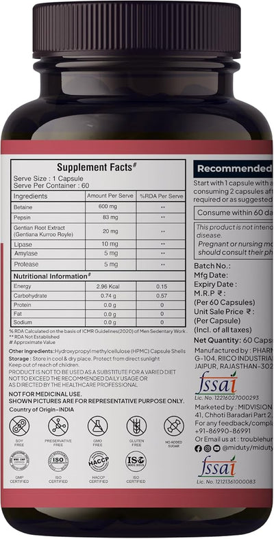 Miduty Betaine HCl + Pepsin - Digestive Health Support - 60 Capsules - Image 2