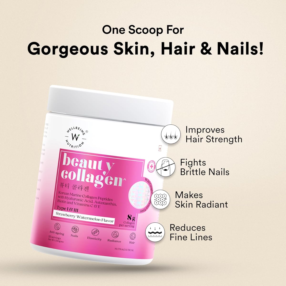 Wellbeing Nutrition Beauty Marine Collagen Powder - Strawberry Watermelon, 250g - Image 2